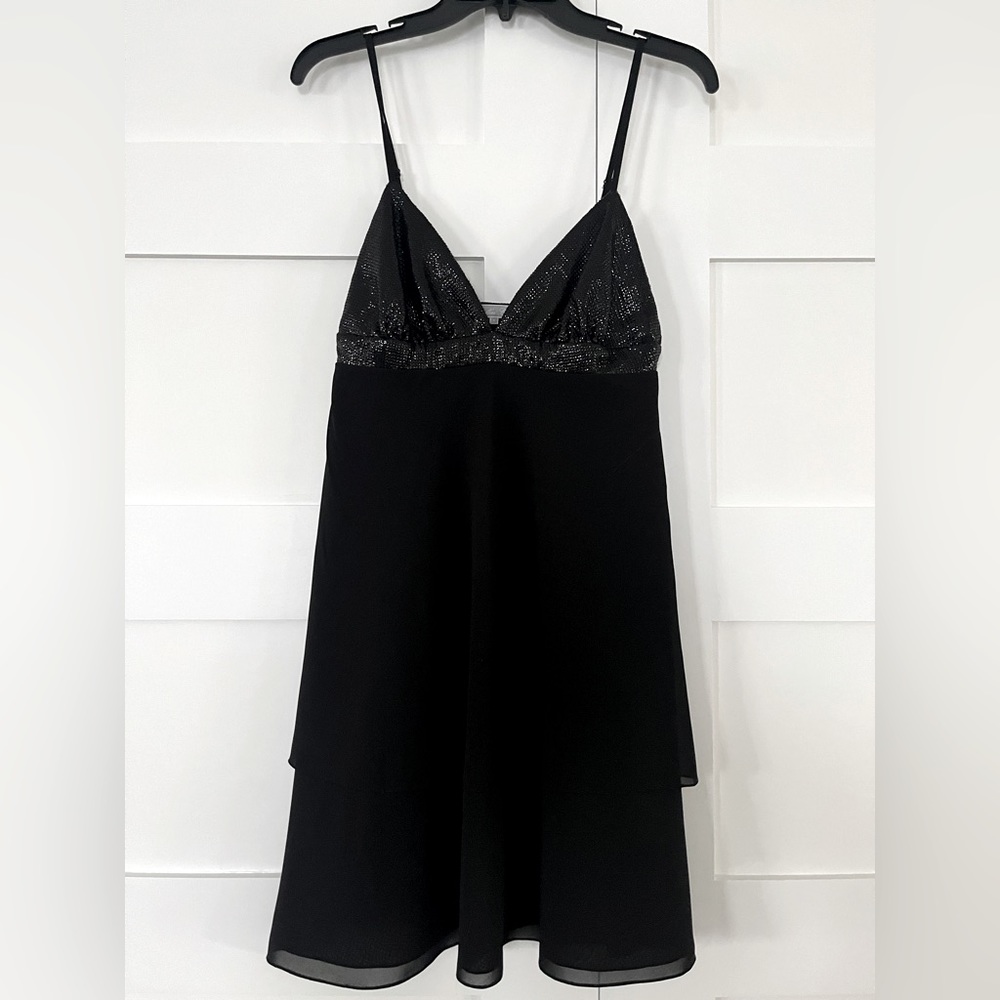 New Black sequined mini dress spaghetti strap empire waist tiered chiffon skirt
